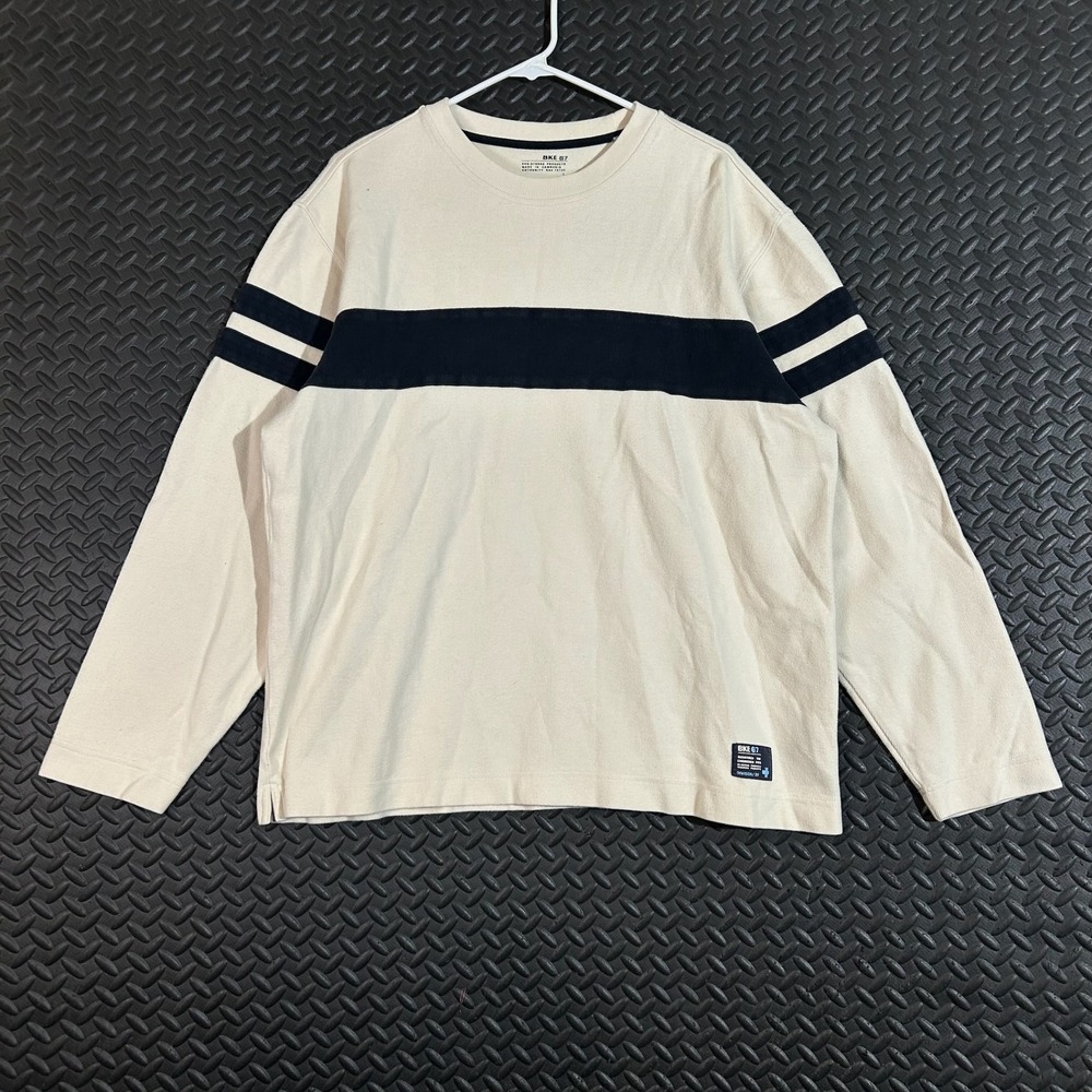 BKE 67 Men's Cream‎ Long Sleeve Crew Neck T Shirt Size L Striped